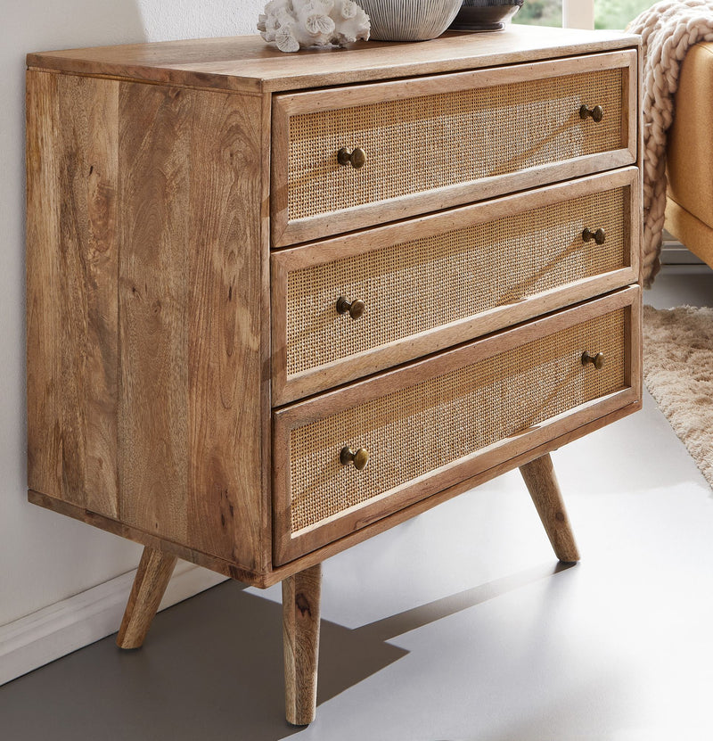 Sideboard Mango Massivholz Rattan Vintage 80x75x40cm 3 Schubladen