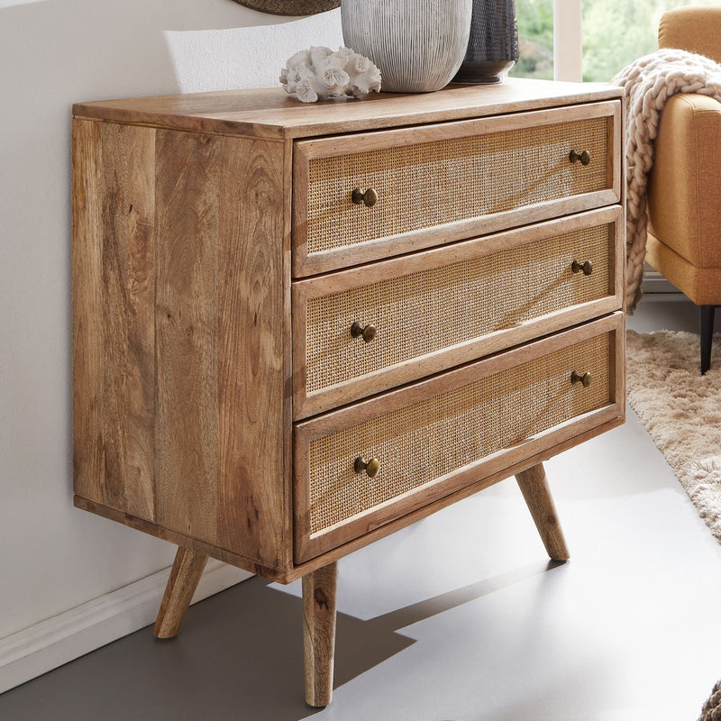 Sideboard Mango Massivholz Rattan Vintage 80x75x40cm 3 Schubladen
