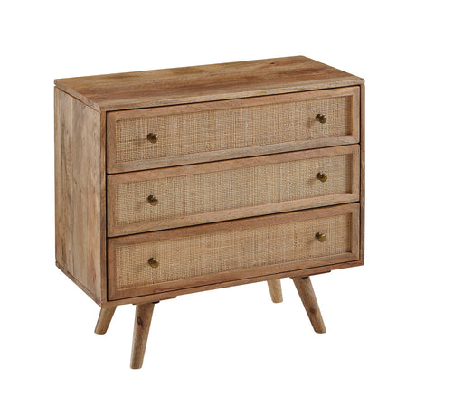 Sideboard Mango Massivholz Rattan Vintage in Braun mit drei Schubladen und Ratanfronten, Gesamtansicht von vorne.