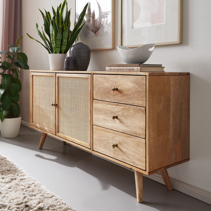 Sideboard 140x75x40cm Mango Massivholz Rattan 3 Schubladen 2 Türen