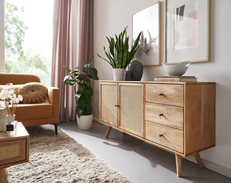 Sideboard 140x75x40cm Mango Massivholz Rattan 3 Schubladen 2 Türen