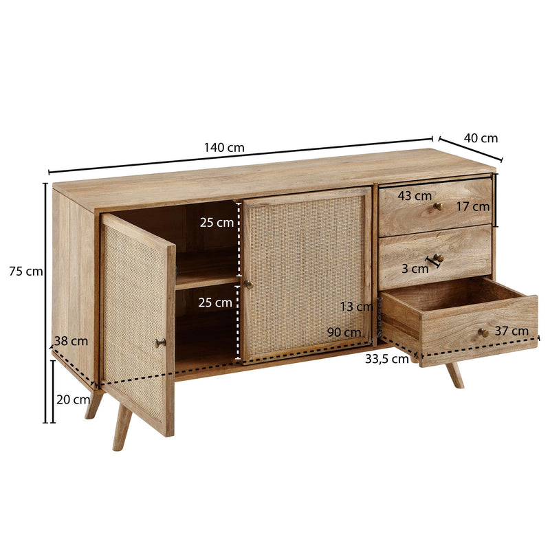 Sideboard 140x75x40cm Mango Massivholz Rattan 3 Schubladen 2 Türen