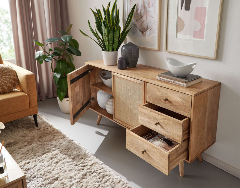 Sideboard 140x75x40cm Mango Massivholz Rattan 3 Schubladen 2 Türen