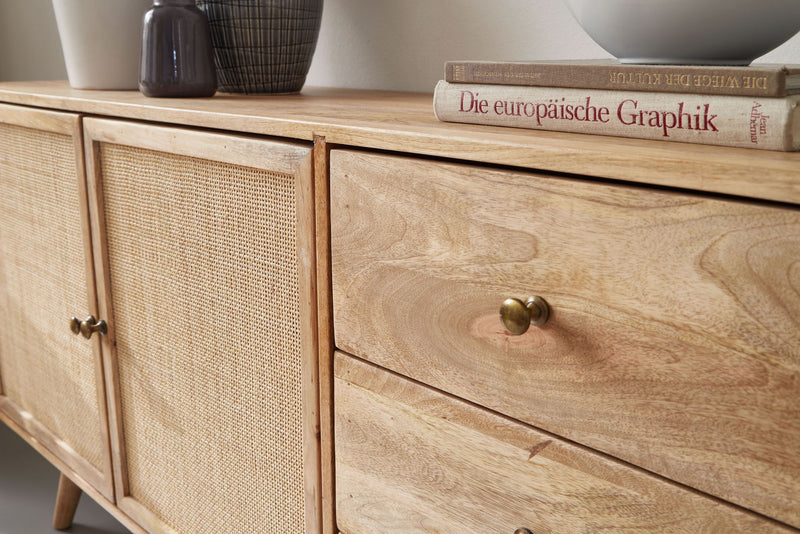 Sideboard 140x75x40cm Mango Massivholz Rattan 3 Schubladen 2 Türen
