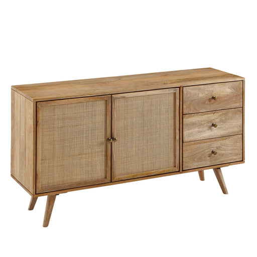 Sideboard 140x75x40cm Mango Massivholz Rattan mit zwei Ratantüren links und drei Schubladen rechts, Gesamtansicht.