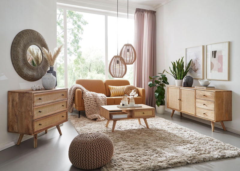 Sideboard 140x75x40cm Mango Massivholz Rattan 3 Schubladen 2 Türen
