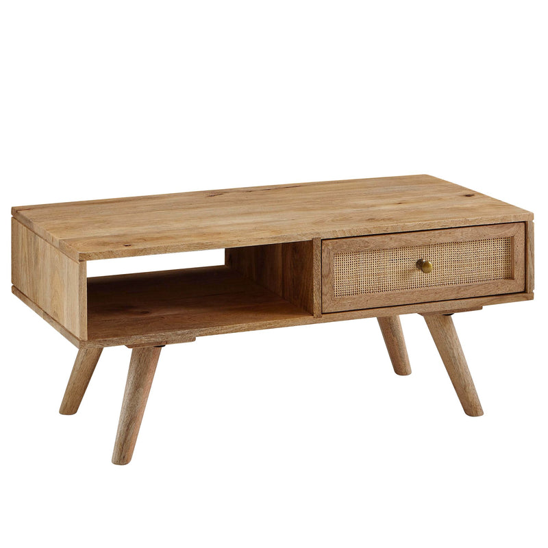 Couchtisch Mango Massivholz Rattan 90x40x45cm mit Stauraum Schublade