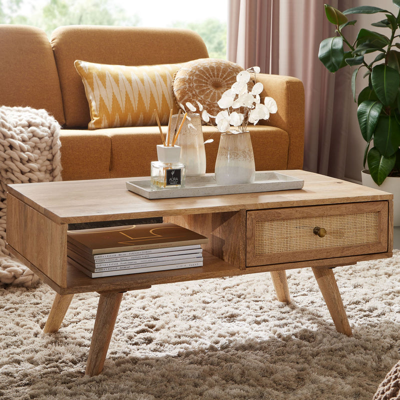 Couchtisch Mango Massivholz Rattan 90x40x45cm mit Stauraum Schublade