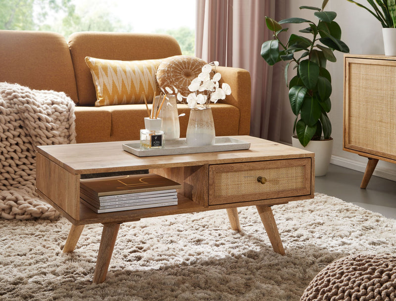 Couchtisch Mango Massivholz Rattan 90x40x45cm mit Stauraum Schublade
