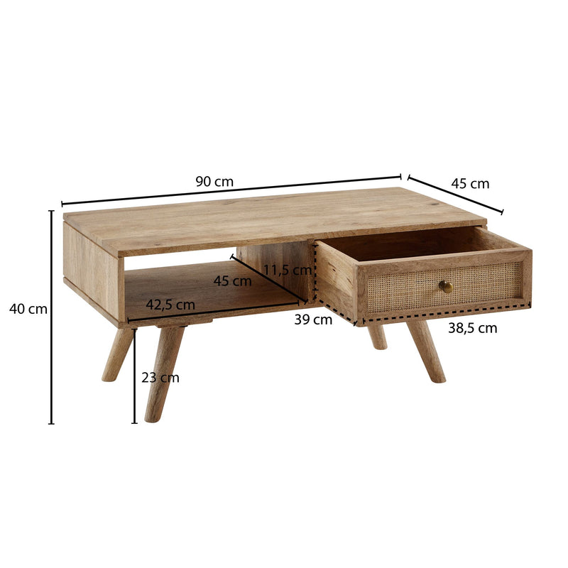 Couchtisch Mango Massivholz Rattan 90x40x45cm mit Stauraum Schublade