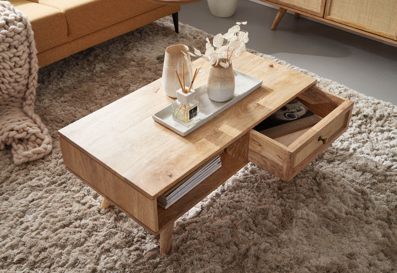 Couchtisch Mango Massivholz Rattan 90x40x45cm mit Stauraum Schublade
