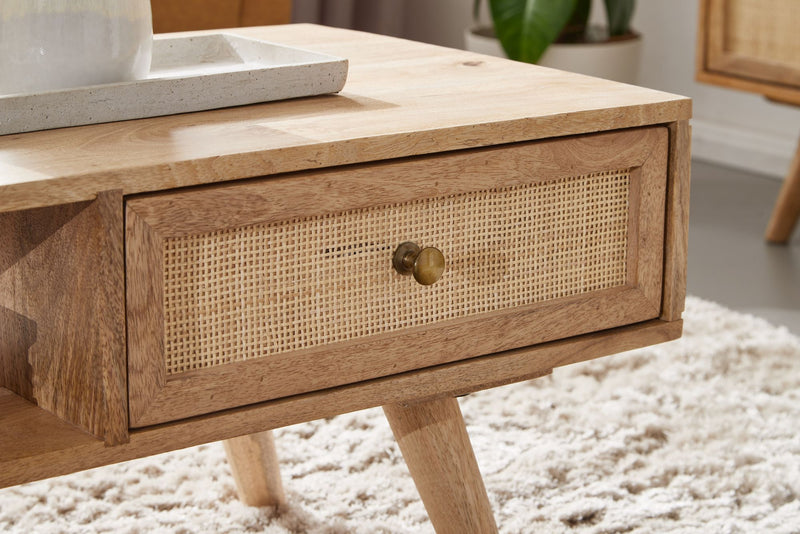 Couchtisch Mango Massivholz Rattan 90x40x45cm mit Stauraum Schublade