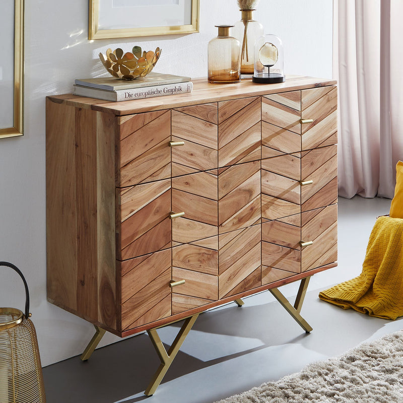 Sideboard 90x86,5x40cm Akazie Massivholz Metall 3 Schubladen