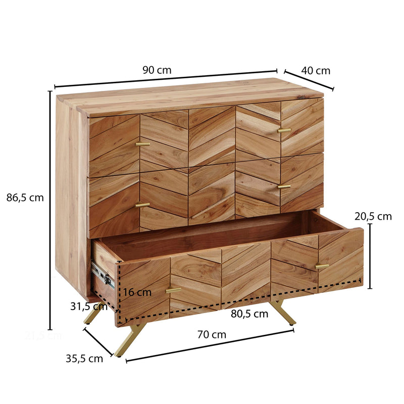 Sideboard 90x86,5x40cm Akazie Massivholz Metall 3 Schubladen