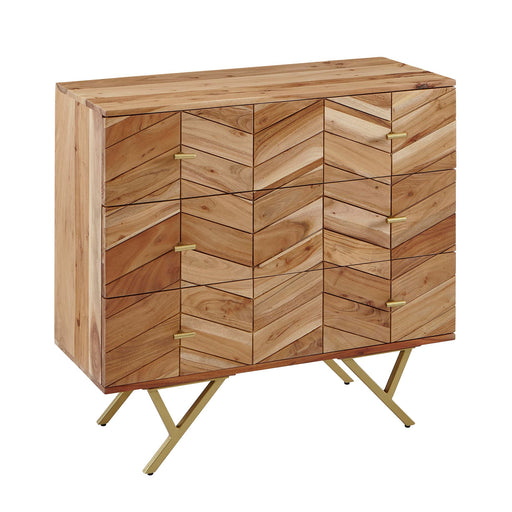 Sideboard 90x86,5x40cm Akazie mit Chevron-Muster auf der Front und messingfarbenen Beinen, Gesamtansicht.