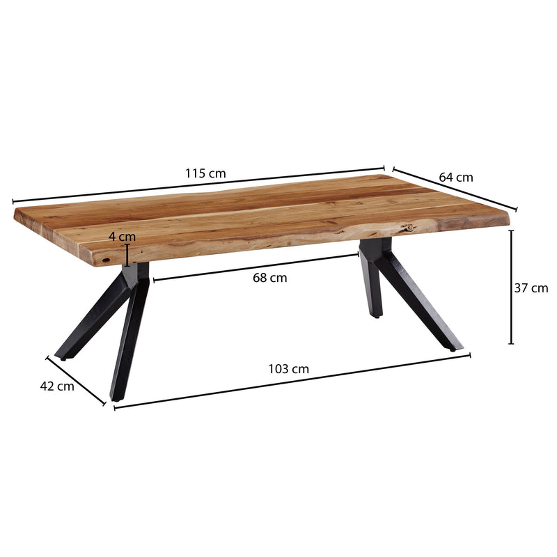 Couchtisch Akazie Massivholz Metall Baumkante Industrial Braun 115x37x64cm