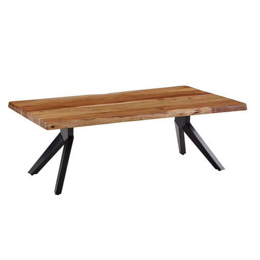 Couchtisch Akazie Massivholz mit Baumkante und schwarzem Metallgestell in Gesamtansicht.