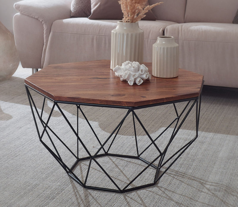 Couchtisch Sheesham Massivholz Metall 66x40x66cm Braun Industrial