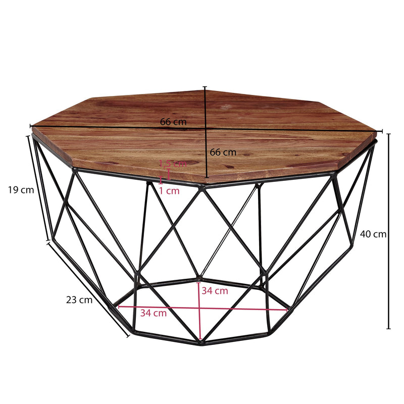 Couchtisch Sheesham Massivholz Metall 66x40x66cm Braun Industrial