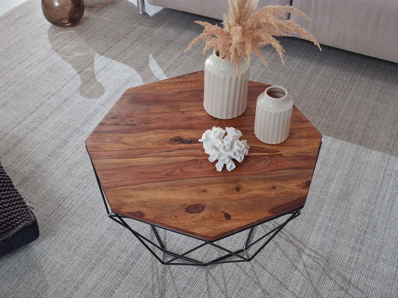 Couchtisch Sheesham Massivholz Metall 66x40x66cm Braun Industrial