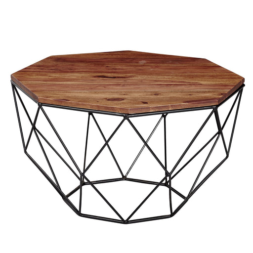 Couchtisch Sheesham mit achteckiger Holzplatte und geometrischem Metallgestell in Gesamtansicht.