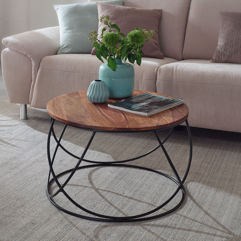 Couchtisch Sheesham Massivholz Metall 60x40x60cm Rund Braun Industrial