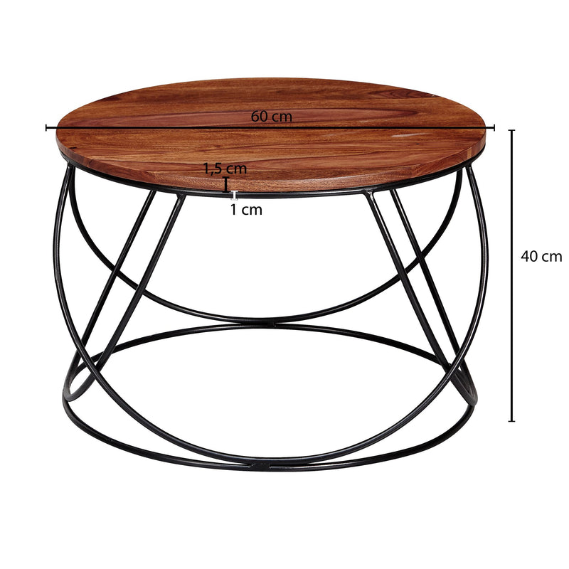 Couchtisch Sheesham Massivholz Metall 60x40x60cm Rund Braun Industrial
