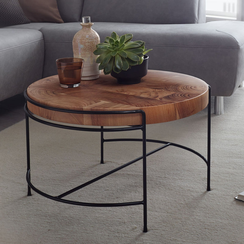 Couchtisch Akazie Massivholz Metall Rund Industrial 62x40x62cm
