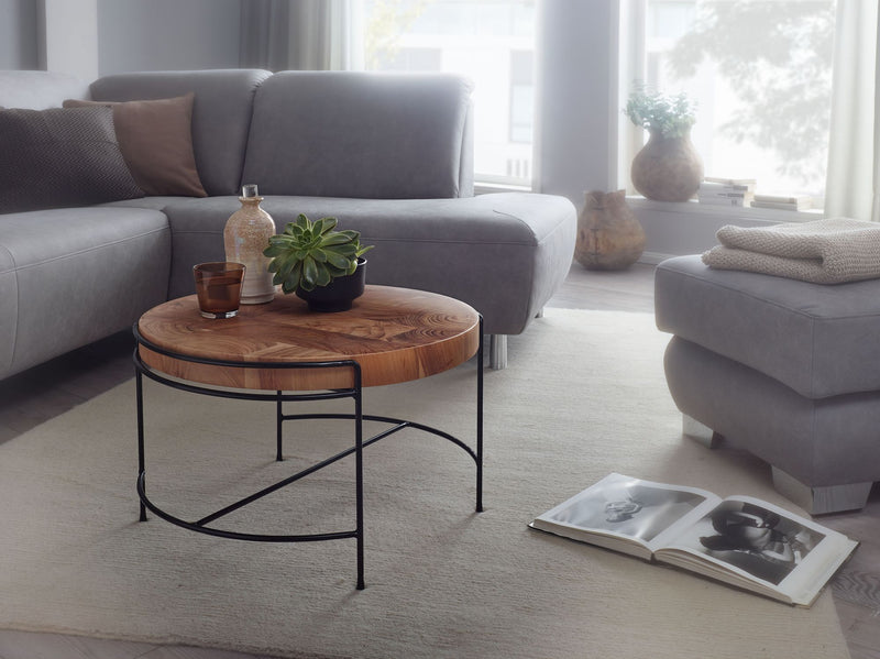 Couchtisch Akazie Massivholz Metall Rund Industrial 62x40x62cm