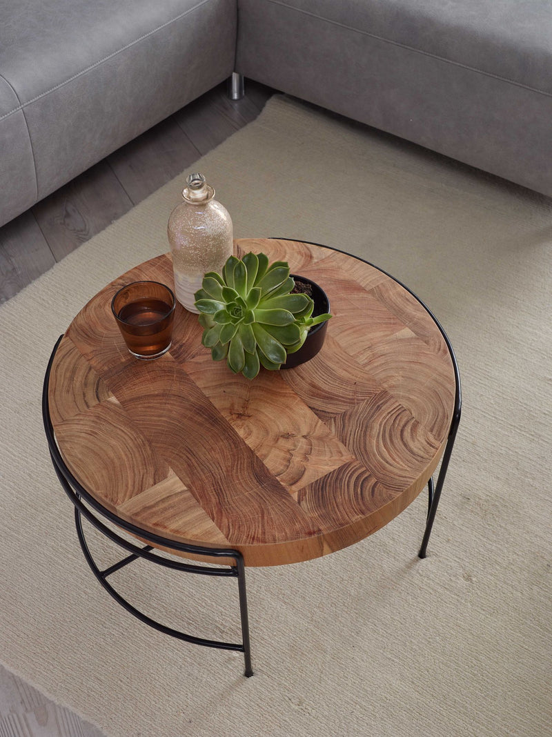 Couchtisch Akazie Massivholz Metall Rund Industrial 62x40x62cm