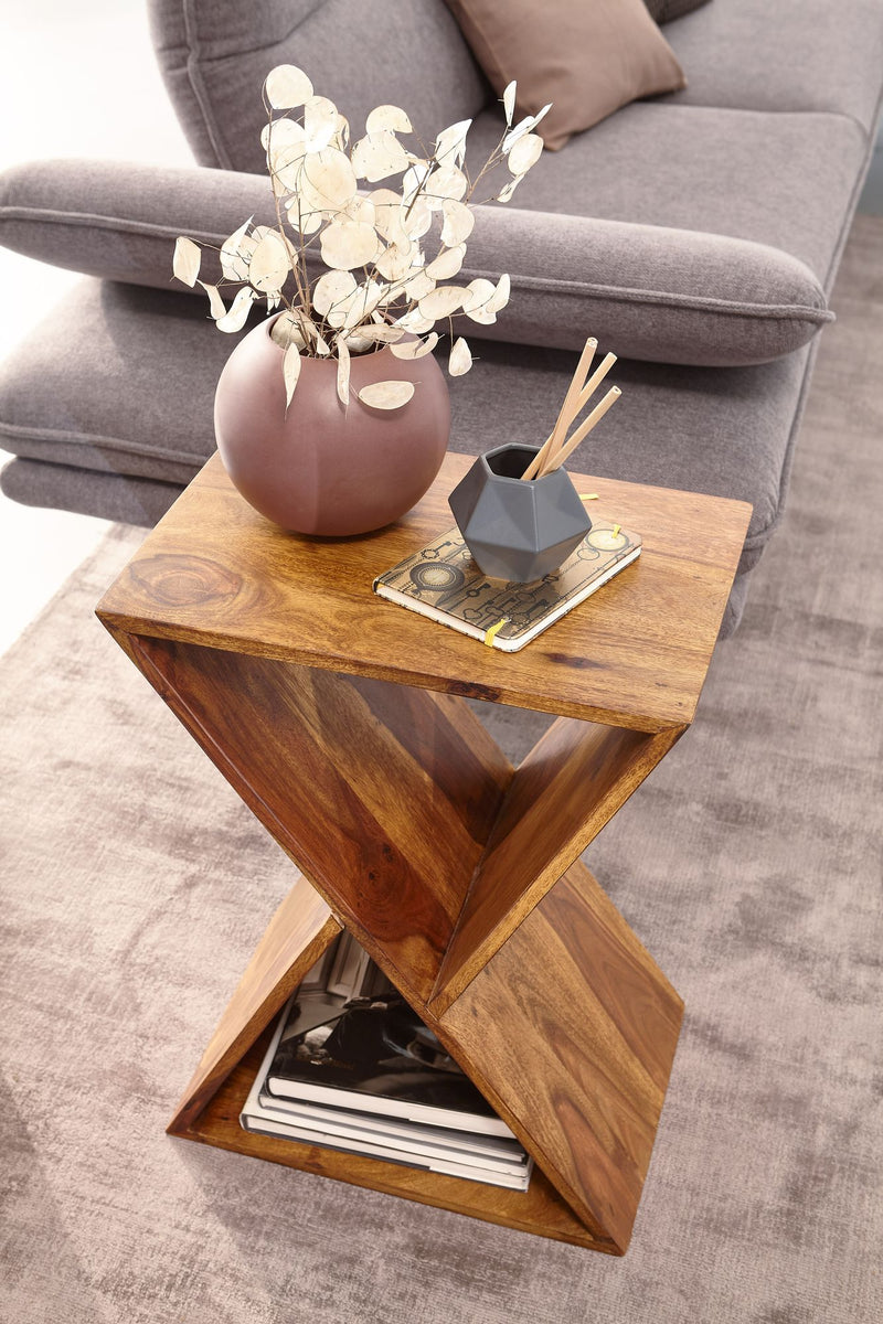 Beistelltisch X-Form 43x60x30cm Sheesham Massivholz mit Ablagen