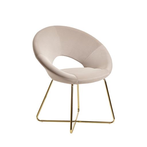 Esszimmerstuhl Samt Beige mit gepolstertem Sitz und Beinen in Goldoptik, Gesamtansicht.