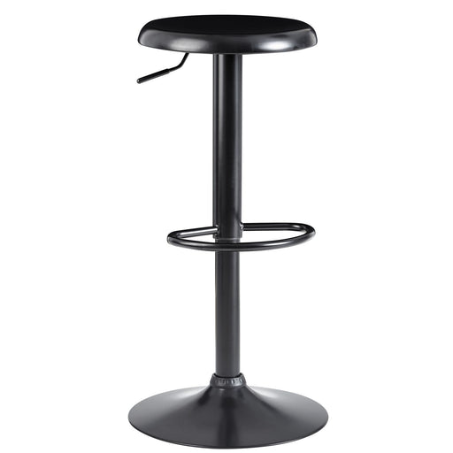 Barhocker Schwarz Metall 58-79cm Drehbar Design Küchenhocker mit runder schwarzer Sitzfläche und Gasdruck-Höhenverstellung.