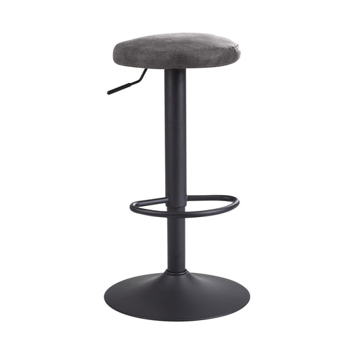 Barhocker Grau Wildlederoptik 58-79cm Drehbar Metall mit grauer Polsterung und schwarzem Metallgestell in Gesamtansicht.