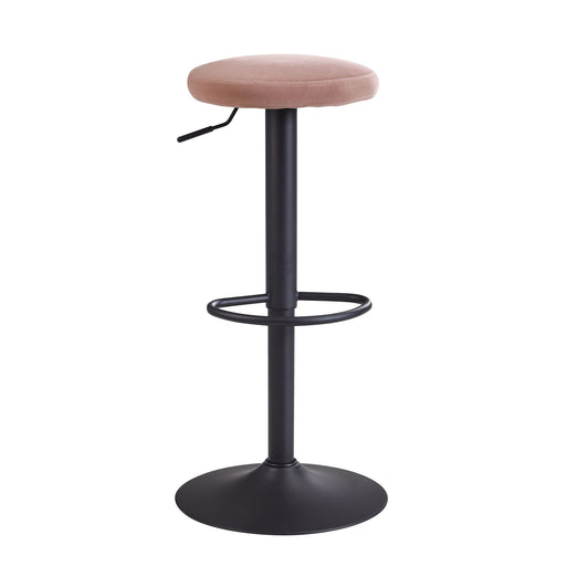 Barhocker Samt Rosa mit runder rosa Polsterung, schwarzem Metallgestell und Fußstütze, Gesamtansicht.