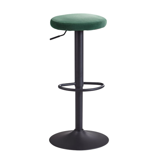 Barhocker Samt Grün 58-79cm Drehbar mit grünem Samtsitz und schwarzem Metallgestell in Gesamtansicht.