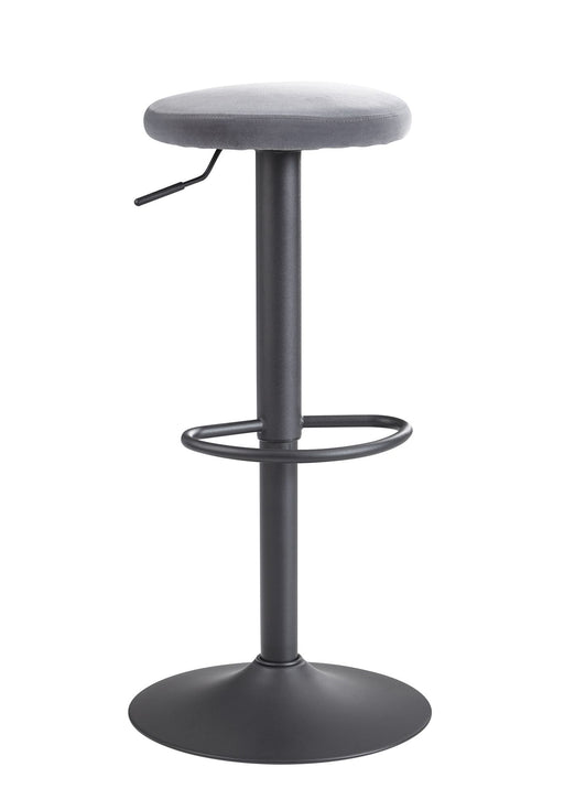 Barhocker Samt Dunkelgrau mit grauem Samtsitz, schwarzem Metallgestell und Fußstütze in Gesamtansicht.