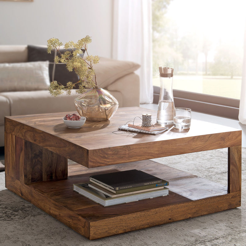 Couchtisch Sheesham Massivholz 90x90cm Dunkelbraun Landhausstil Ablage