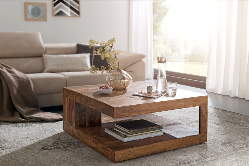 Couchtisch Sheesham Massivholz 90x90cm Dunkelbraun Landhausstil Ablage