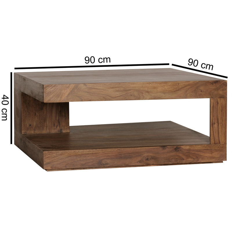 Couchtisch Sheesham Massivholz 90x90cm Dunkelbraun Landhausstil Ablage