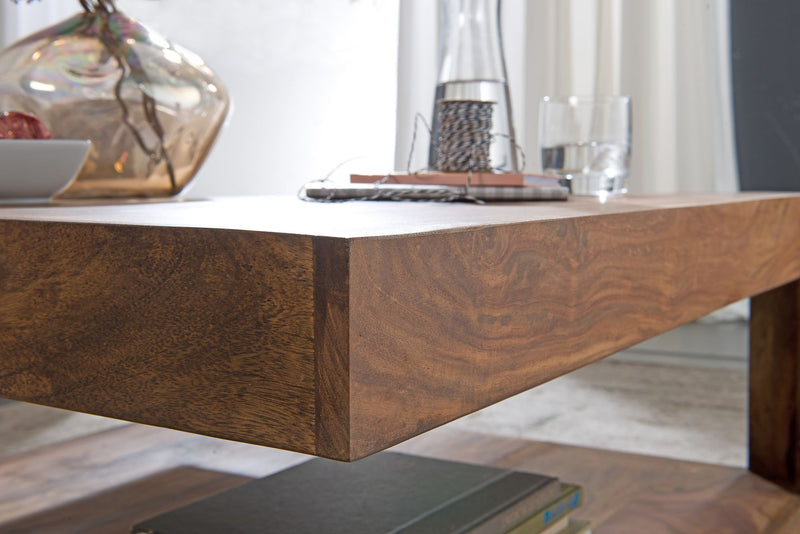 Couchtisch Sheesham Massivholz 90x90cm Dunkelbraun Landhausstil Ablage