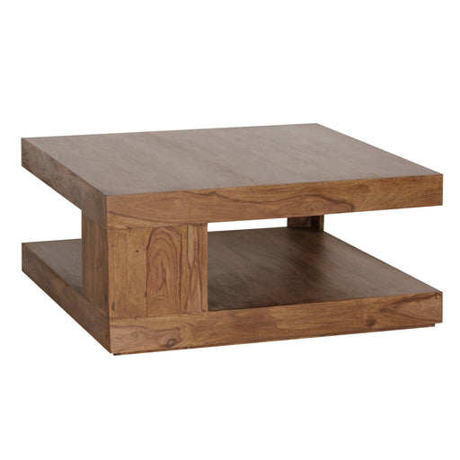 Couchtisch Sheesham Massivholz 90x90cm Dunkelbraun mit zweiteiliger Ablage in Gesamtansicht.