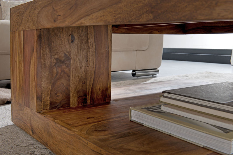 Couchtisch Sheesham Massivholz 90x90cm Dunkelbraun Landhausstil Ablage
