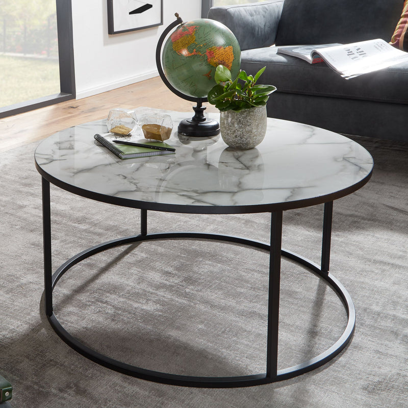 Couchtisch Rund 80x40 Marmoroptik Weiß Metallgestell Schwarz Modern