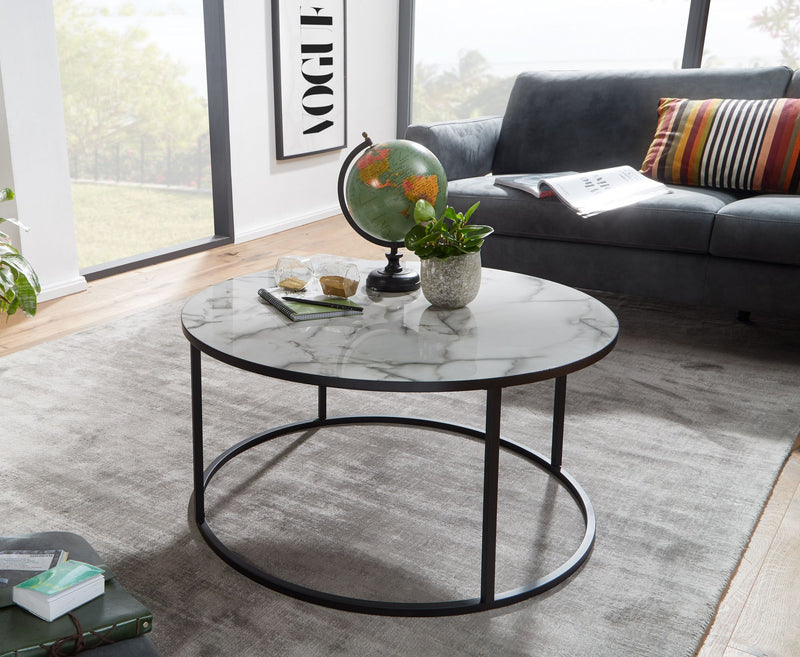Couchtisch Rund 80x40 Marmoroptik Weiß Metallgestell Schwarz Modern