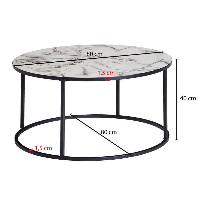Couchtisch Rund 80x40 Marmoroptik Weiß Metallgestell Schwarz Modern