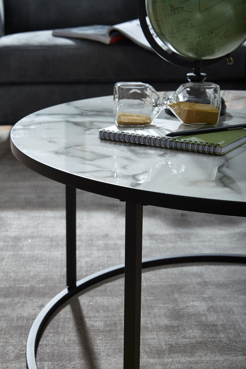 Couchtisch Rund 80x40 Marmoroptik Weiß Metallgestell Schwarz Modern