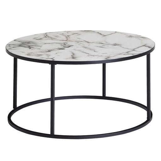 Couchtisch Rund 80x40 Marmoroptik Weiß mit schwarzem Metallgestell in Gesamtansicht von vorne.