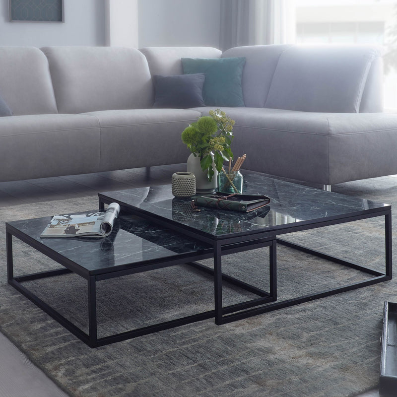 Couchtisch 2er Set Schwarz Marmoroptik Eckig Metallgestell Modern