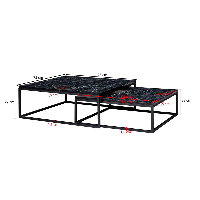 Couchtisch 2er Set Schwarz Marmoroptik Eckig Metallgestell Modern